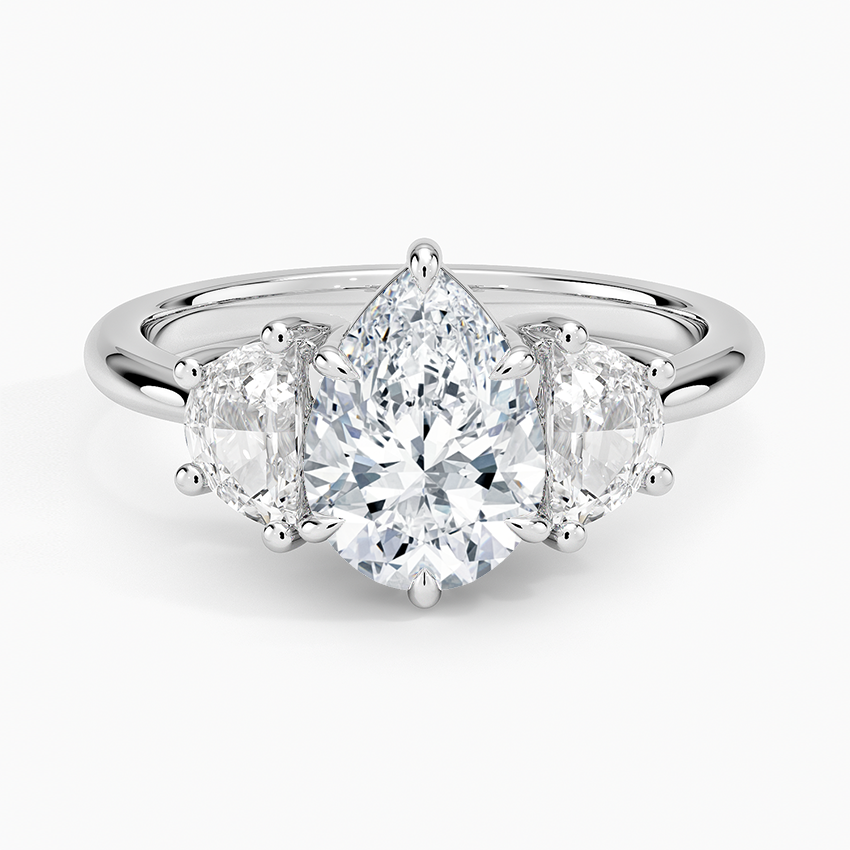 IGI Certified Lab Grown Diamond Engagement Ring Pear Brilliant Three Stone Ring with Half-Moon Side Diamonds