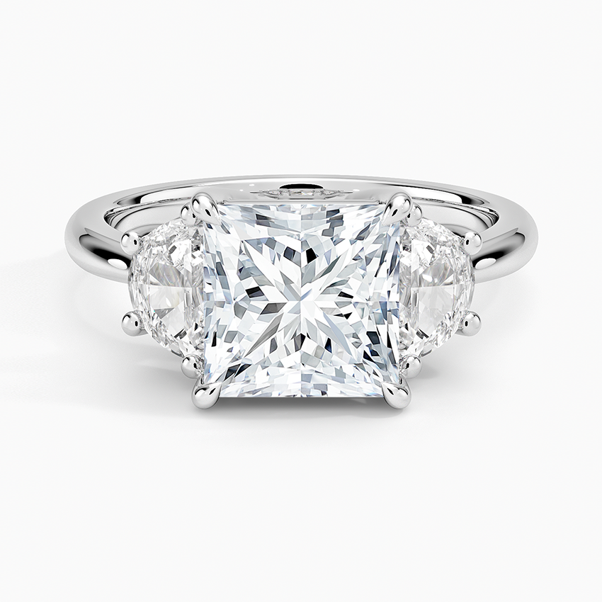 IGI Certified Lab Grown Diamond Engagement Ring Princess Brilliant Three Stone Ring with Half-Moon Side Diamonds