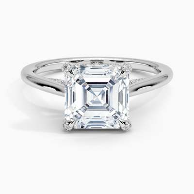 IGI Certified Lab Grown Diamond Engagement Ring Asscher Brilliant Hidden Halo Cathedral Ring with Pavé Prongs