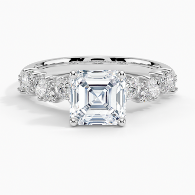 IGI Certified Lab Grown Diamond Engagement Ring Asscher Brilliant Floral Side Stone Ring