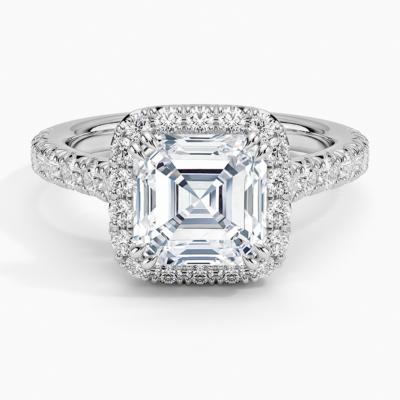 IGI Certified Lab Grown Diamond Engagement Ring Asscher Brilliant Double Halo Hidden Halo Pavé Ring