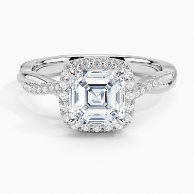 IGI Certified Lab Grown Diamond Engagement Ring Asscher Brilliant Halo Ring With Twisted Pavé Shank