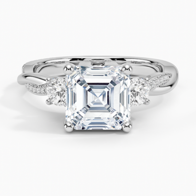 IGI Certified Lab Grown Diamond Engagement Ring Asscher Brilliant Three Stone Hidden Halo Ring With Twisted Pavé Shank