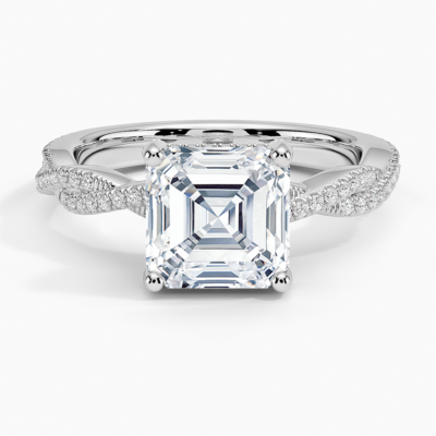 IGI Certified Lab Grown Diamond Engagement Ring Asscher Brilliant Hidden Halo Ring With Double Pavé Twisted Shank