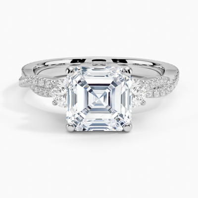 IGI Certified Lab Grown Diamond Engagement Ring Asscher Brilliant Three Stone Ring With Double Pavé Twisted Shank