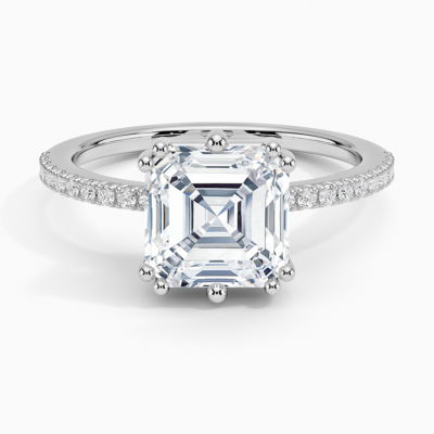 IGI Certified Lab Grown Diamond Engagement Ring Asscher Brilliant Hidden Halo Pavé Ring With Scalloped Multi-Prong Basket
