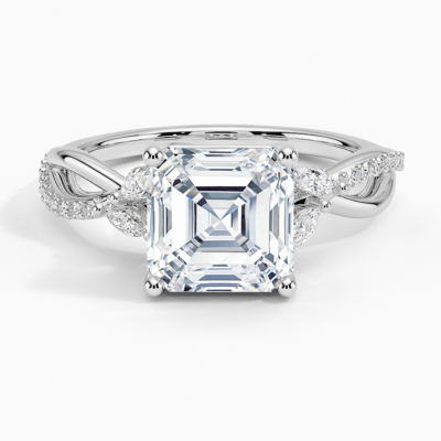 IGI Certified Lab Grown Diamond Engagement Ring Asscher Brilliant With Marquise Accent Diamond and Pavé Twist Shank Ring