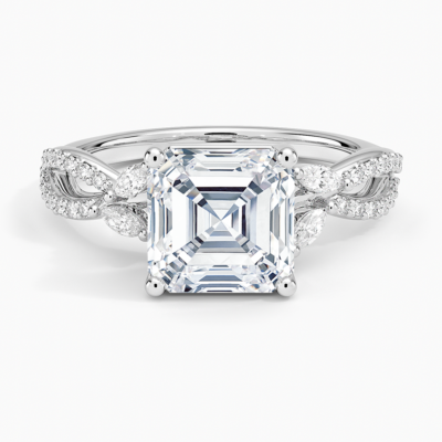 IGI Certified Lab Grown Diamond Engagement Ring Asscher Brilliant With Marquise Accent Diamond and Double Pavé Twist Shank Ring