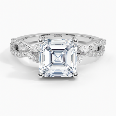 IGI Certified Lab Grown Diamond Engagement Ring Asscher Brilliant With Marquise Accent Diamond and Pavé Twist Shank Ring