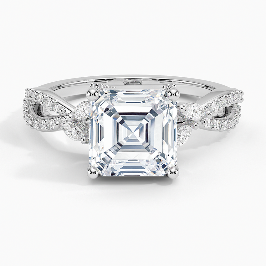 IGI Certified Lab Grown Diamond Engagement Ring Asscher Brilliant With Marquise Accent Diamond and Pavé Twist Shank Ring