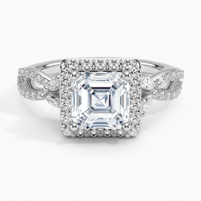 IGI Certified Lab Grown Diamond Engagement Ring Asscher Brilliant Halo Ring With Marquise Accent Diamond and Pavé Twist Shank