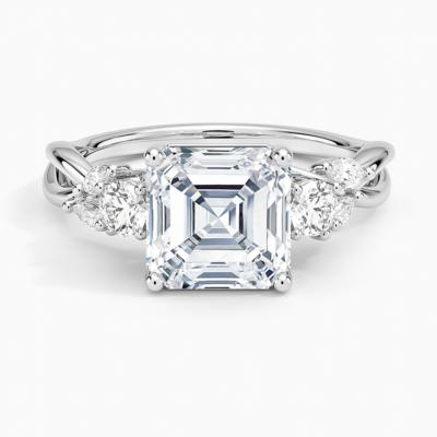 IGI Certified Lab Grown Diamond Engagement Ring Asscher Brilliant Three Stone Twist Shank Ring With Marquise Accent Diamond