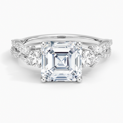IGI Certified Lab Grown Diamond Engagement Ring Asscher Brilliant Three Stone Ring With Marquise Accent Diamond and Pavé Twist Shank