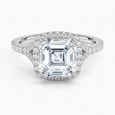 IGI Certified Lab Grown Diamond Engagement Ring Asscher Brilliant Split Shank Halo Ring