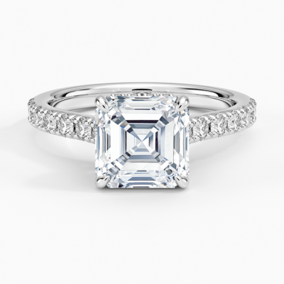 IGI Certified Lab Grown Diamond Engagement Ring Asscher Brilliant Hidden Halo Cathedral Pavé Ring
