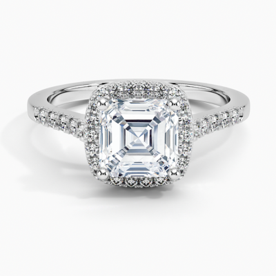 IGI Certified Lab Grown Diamond Engagement Ring Asscher Brilliant Halo Ring With Cathedral Pavé Band