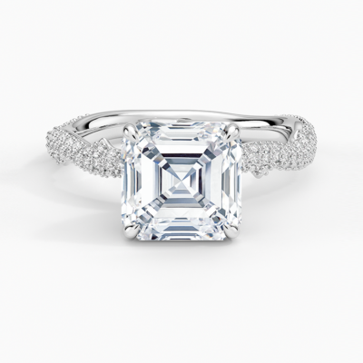 IGI Certified Lab Grown Diamond Engagement Ring Asscher Brilliant Floral Basket Hidden Halo Ring