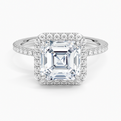 IGI Certified Lab Grown Diamond Engagement Ring Asscher Brilliant Halo With Hidden Halo And Pavé Band Ring