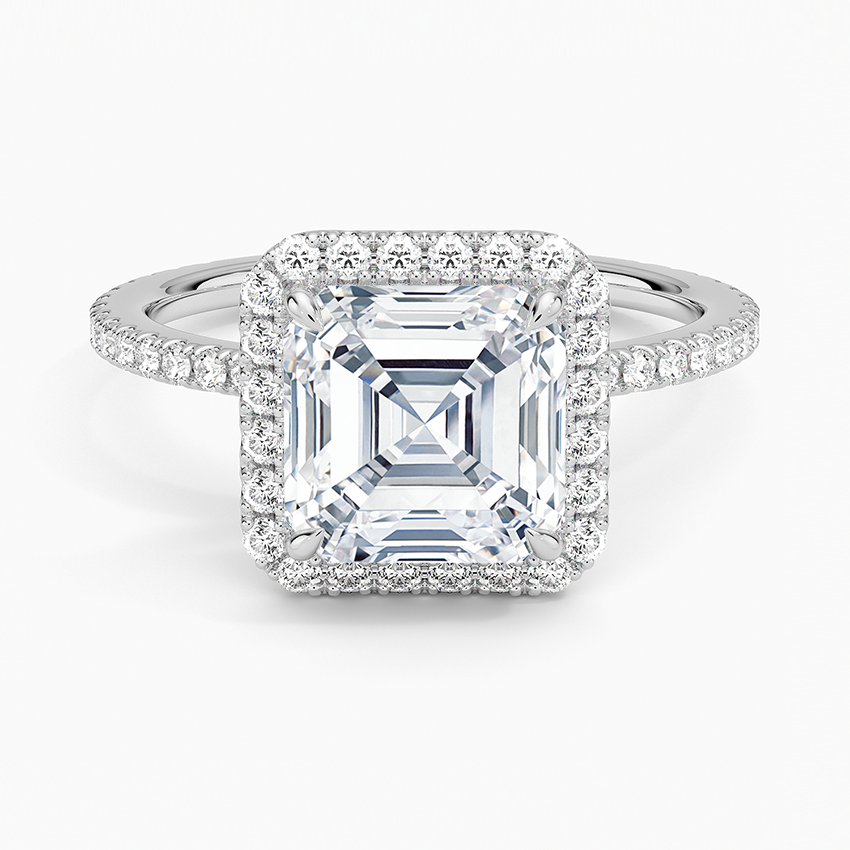 IGI Certified Lab Grown Diamond Engagement Ring Asscher Brilliant Halo With Hidden Halo And Pavé Band Ring