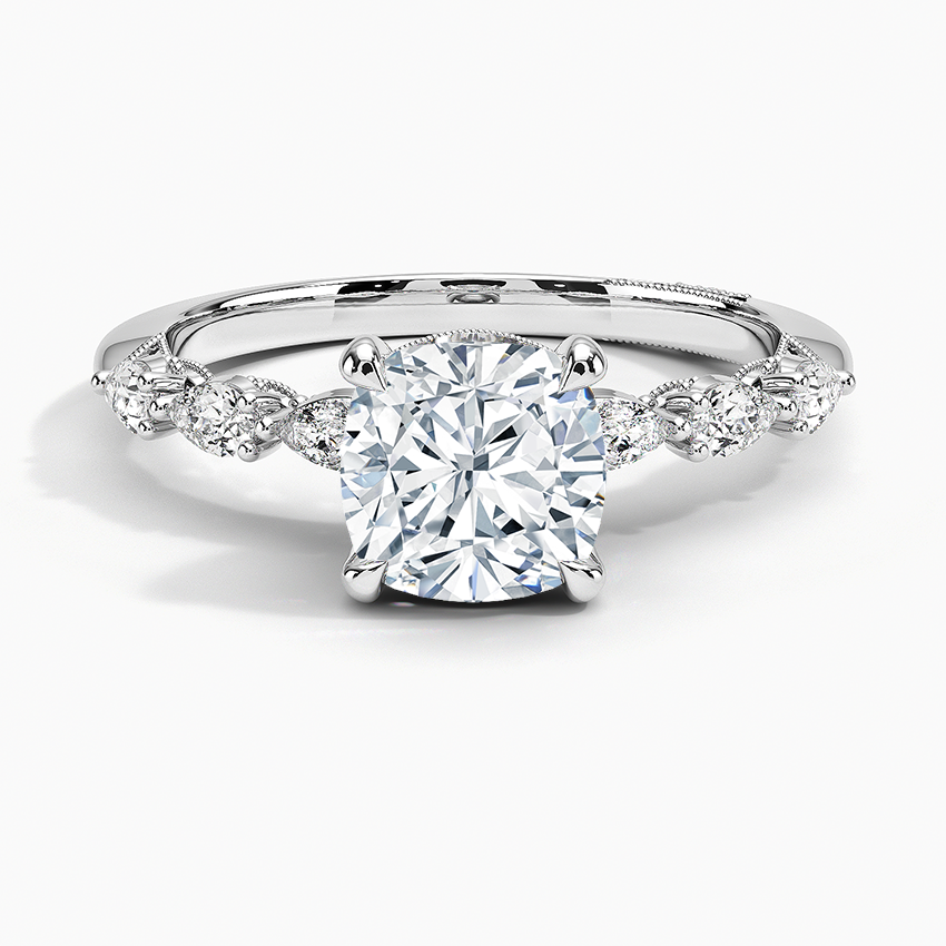 IGI Certified Lab Grown Diamond Engagement Ring Cushion Brilliant Hidden Halo Vintage Ring With Pear Side Stones