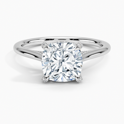 IGI Certified Lab Grown Diamond Engagement Ring Cushion Brilliant Hidden Halo Cathedral Ring with Pavé Prongs