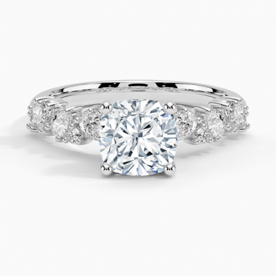 IGI Certified Lab Grown Diamond Engagement Ring Cushion Brilliant Floral Side Stone Ring