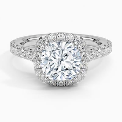 IGI Certified Lab Grown Diamond Engagement Ring Cushion Brilliant Double Halo Hidden Halo Pavé Ring