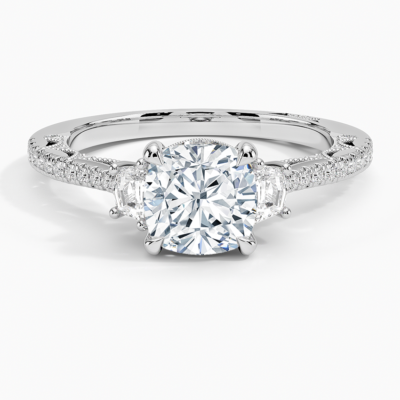 IGI Certified Lab Grown Diamond Engagement Ring Cushion Brilliant Three Stone Vintage Ring with Cadillac Side Diamonds