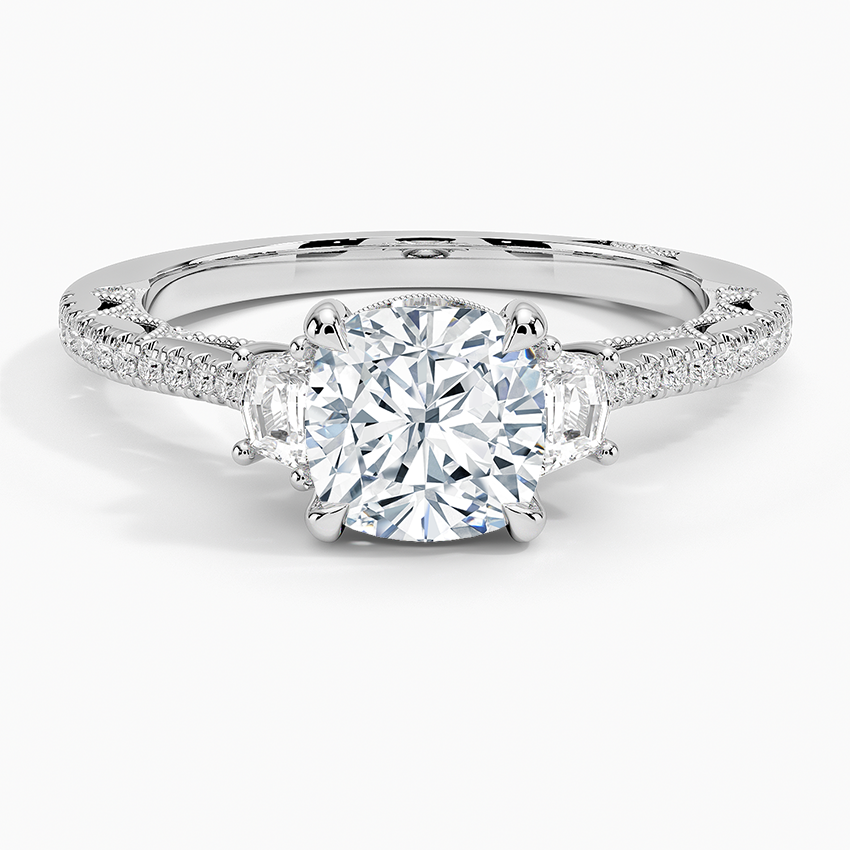 IGI Certified Lab Grown Diamond Engagement Ring Cushion Brilliant Three Stone Vintage Ring with Cadillac Side Diamonds