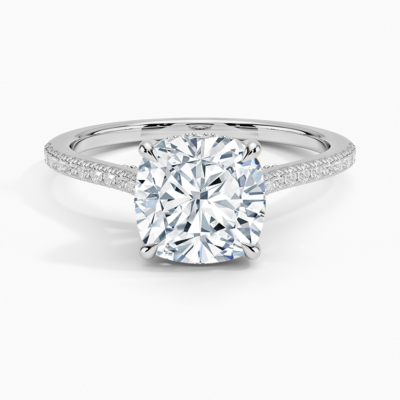 IGI Certified Lab Grown Diamond Engagement Ring Cushion Brilliant Hidden Halo Cathedral Pavé Ring