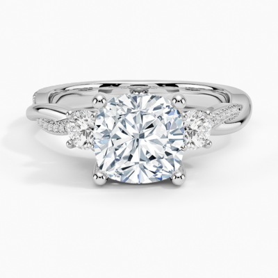 IGI Certified Lab Grown Diamond Engagement Ring Cushion Brilliant Three Stone Hidden Halo Ring With Twisted Pavé Shank