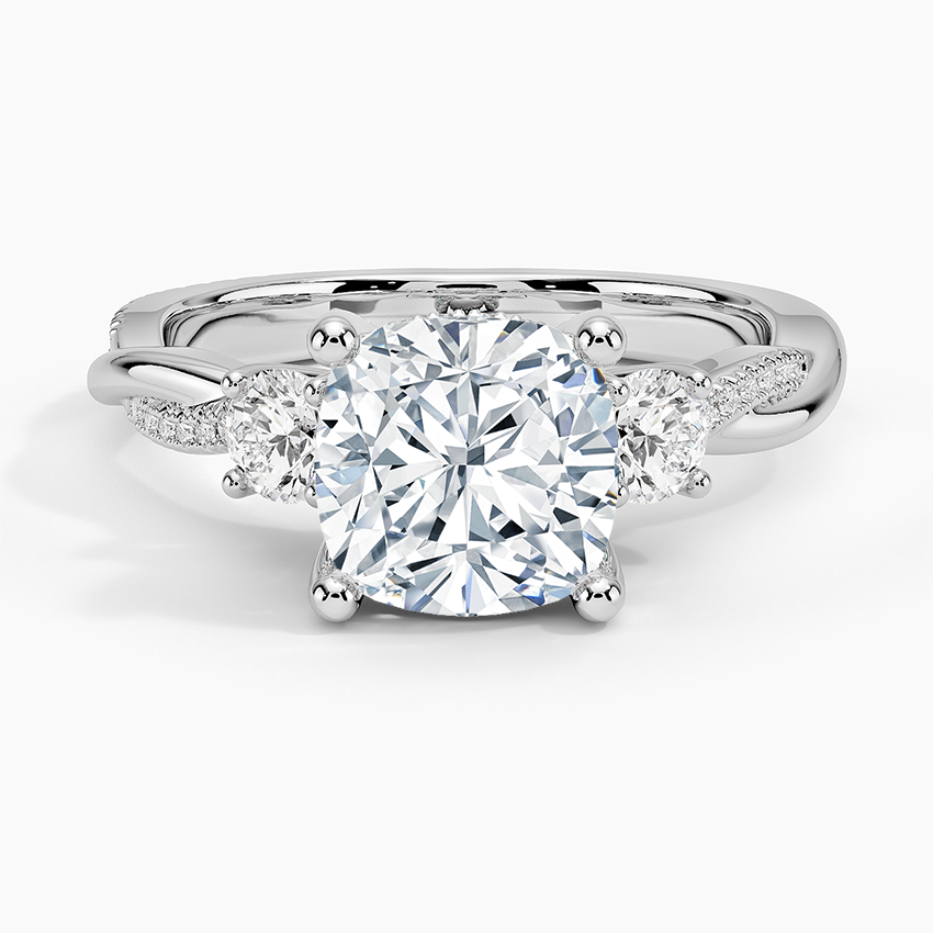 IGI Certified Lab Grown Diamond Engagement Ring Cushion Brilliant Three Stone Hidden Halo Ring With Twisted Pavé Shank