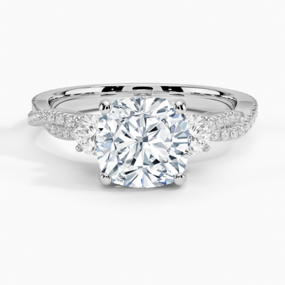 IGI Certified Lab Grown Diamond Engagement Ring Cushion Brilliant Three Stone Ring With Double Pavé Twisted Shank