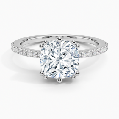 IGI Certified Lab Grown Diamond Engagement Ring Cushion Brilliant Hidden Halo Pavé Ring With Scalloped Multi-Prong Basket