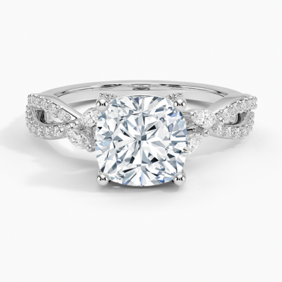 IGI Certified Lab Grown Diamond Engagement Ring Cushion Brilliant With Marquise Accent Diamond and Pavé Twist Shank Ring