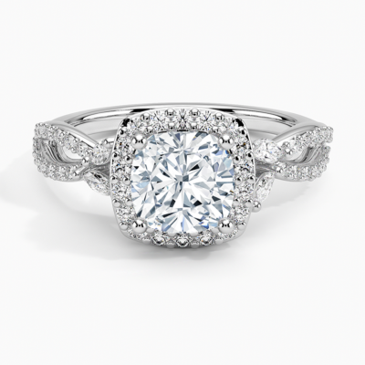 IGI Certified Lab Grown Diamond Engagement Ring Cushion Brilliant Halo Ring With Marquise Accent Diamond and Pavé Twist Shank