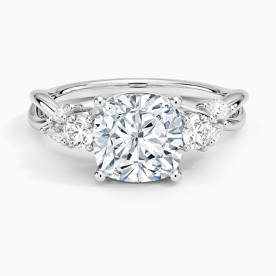 IGI Certified Lab Grown Diamond Engagement Ring Cushion Brilliant Three Stone Twist Shank Ring With Marquise Accent Diamond