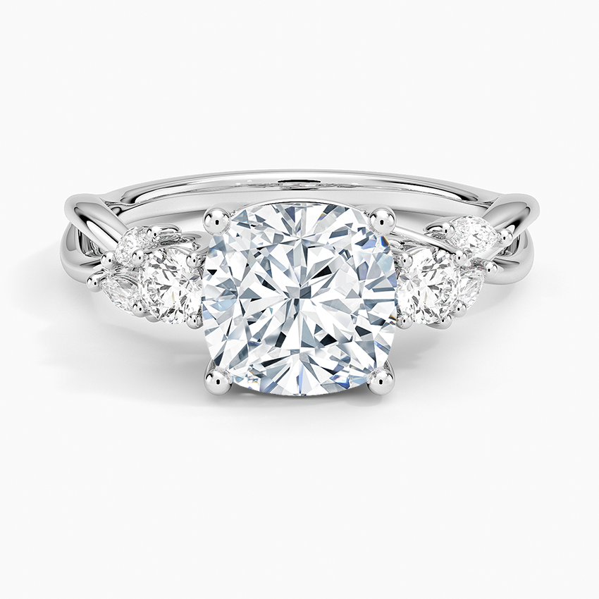 IGI Certified Lab Grown Diamond Engagement Ring Cushion Brilliant Three Stone Twist Shank Ring With Marquise Accent Diamond