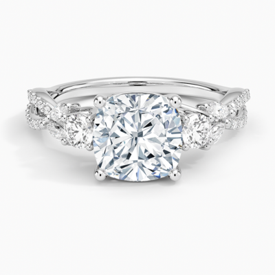 IGI Certified Lab Grown Diamond Engagement Ring Cushion Brilliant Three Stone Ring With Marquise Accent Diamond and Pavé Twist Shank