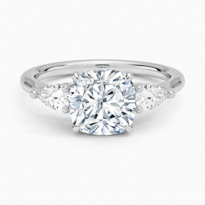IGI Certified Lab Grown Diamond Engagement Ring Cushion Brilliant Three Stone Ring With Pear Side Diamonds