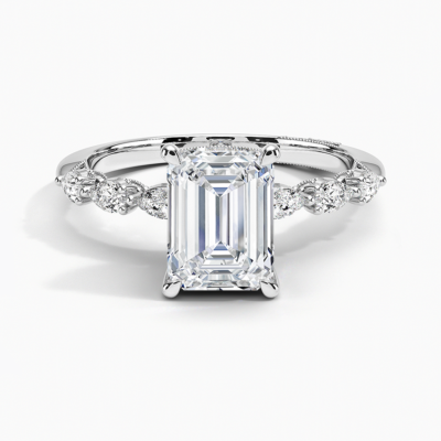 IGI Certified Lab Grown Diamond Engagement Ring Emerald Brilliant Hidden Halo Vintage Ring With Pear Side Stones
