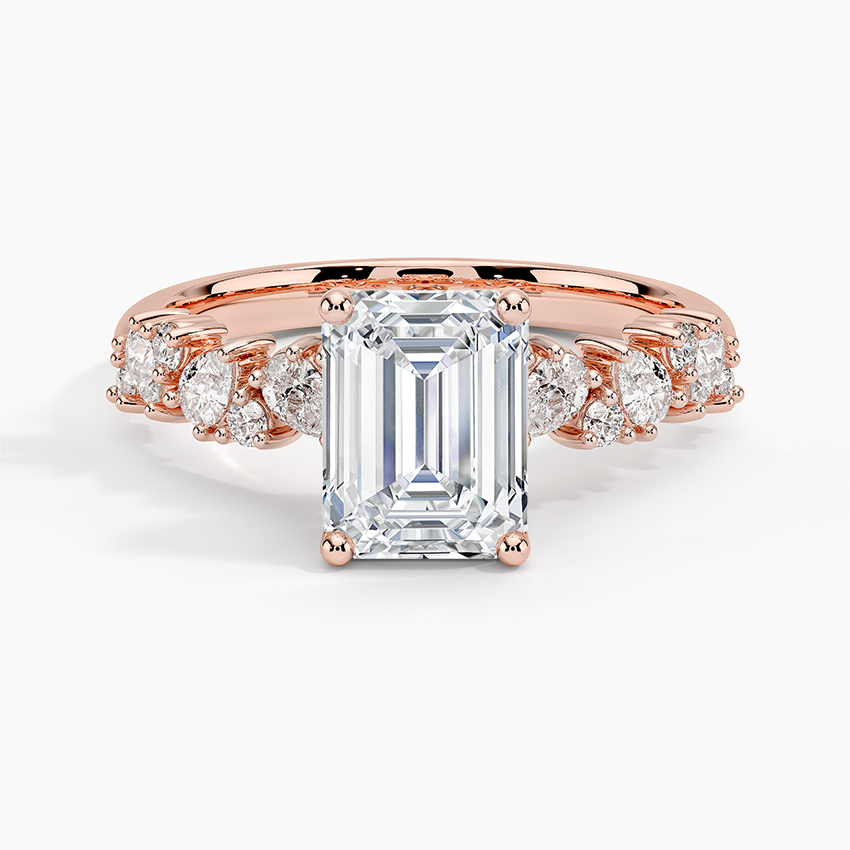 IGI Certified Lab Grown Diamond Engagement Ring Emerald Brilliant Floral Side Stone Ring - Image 7