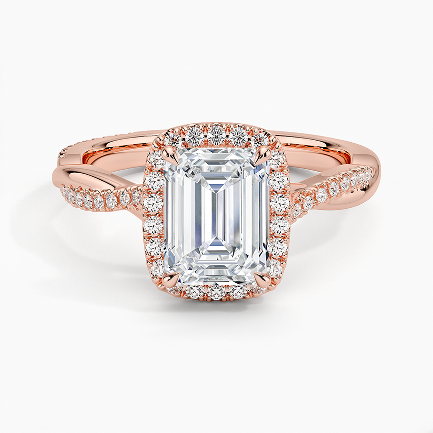 IGI Certified Lab Grown Diamond Engagement Ring Emerald Brilliant Halo Ring With Twisted Pavé Shank - Image 7