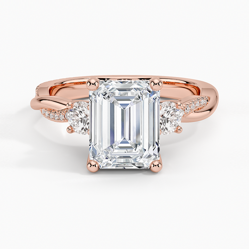 IGI Certified Lab Grown Diamond Engagement Ring Emerald Brilliant Three Stone Hidden Halo Ring With Twisted Pavé Shank - Image 7