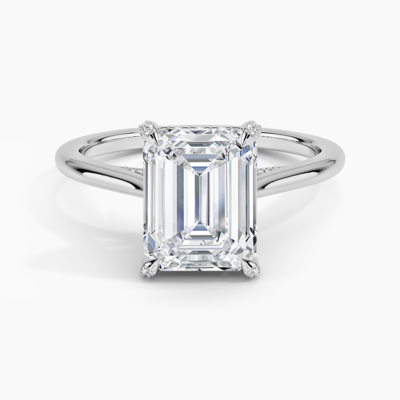 IGI Certified Lab Grown Diamond Engagement Ring Emerald Brilliant Hidden Halo Cathedral Ring with Pavé Prongs