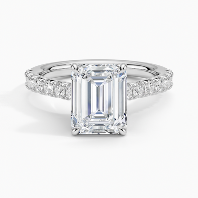 IGI Certified Lab Grown Diamond Engagement Ring Emerald Brilliant Hidden Halo Pavé Ring