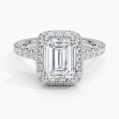 IGI Certified Lab Grown Diamond Engagement Ring Emerald Brilliant Double Halo Hidden Halo Pavé Ring