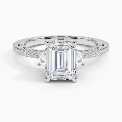 IGI Certified Lab Grown Diamond Engagement Ring Emerald Brilliant Three Stone Vintage Ring with Cadillac Side Diamonds
