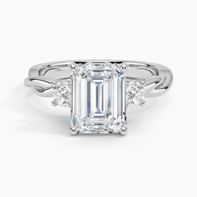 IGI Certified Lab Grown Diamond Engagement Ring Emerald Brilliant Three Stone Twisted Shank Solitaire Ring