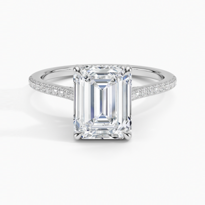 IGI Certified Lab Grown Diamond Engagement Ring Emerald Brilliant Hidden Halo Cathedral Pavé Ring